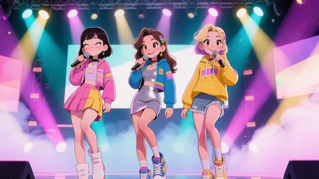 A three-girl K-pop group dances and sings on stage surrounded by colorful spotlights and smoke, in a cartoon-style close-up.