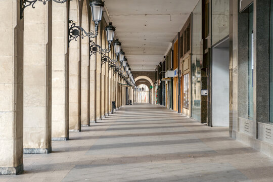 Arched Walkway With Lanterns In Logrono, La Rioja, Spain, Stone Columns