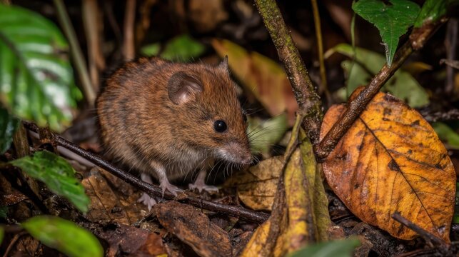 Tiny shrew darting through dense forest undergrowth with fallen leaves and branches