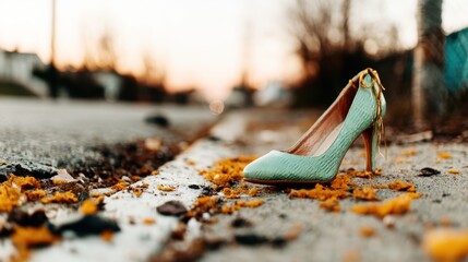 A solitary, stylish high heel sits on the edge of an urban street, surrounded by orange leaves, evoking feelings of abandonment and melancholy in an urban setting at dusk.
