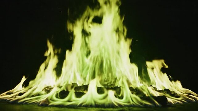 Vibrant green flames erupt from a dark background with glowing embers