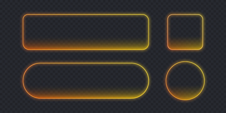 Gold button frame with oval, square and rectangle shapes isolated on black bg, Glow yellow orange gradient for casino or mobile games. Neon pill mockup for online shop, outline call action banner.	