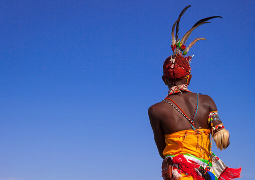 Portrait of rendille warrior wearing traditional headwear, Turkana lake, Loiyangalani, Kenya