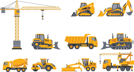 Construction machinery vector collection featuring tower crane, excavator, bulldozer, dump truck, road roller and concrete mixer for engineering and building industry isolated on white background © Shoentesh