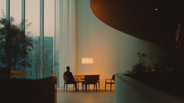 Solitude in modern architecture, person sitting alone in large minimalist hall. Conceptual image of loneliness, social distancing, or reflection in a vast public or corporate space.