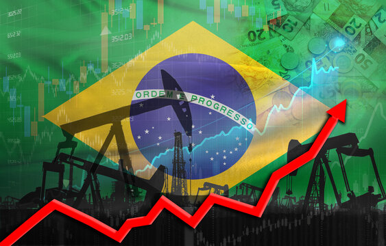 Oil production with Brazilian flag, petrol industry. Oil pumps with Brazil flag