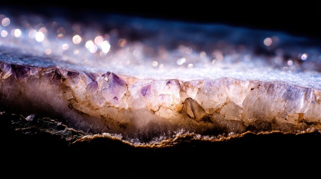 Close-up of a polished amethyst geode slice revealing sparkling crystal formations and a rough outer crust