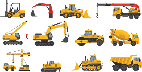 Heavy construction machinery collection featuring excavator, bulldozer, crane, forklift, road roller and dump truck for engineering, mining and building industry isolated on white background © Shoentesh