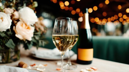 Obraz premium An elegant table setting featuring glasses of sparkling wine and a bottle alongside roses, with bokeh lights in the background creating a romantic and festive atmosphere.