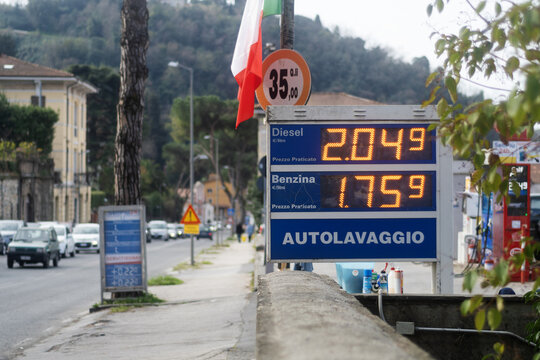 Rising fuel prices displayed at petrol station in Italy amid international energy crisis