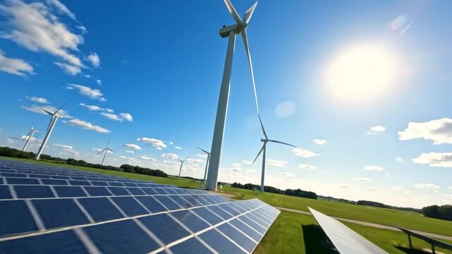 A bright, sunny day showcases solar panels with wind turbines on a green landscape