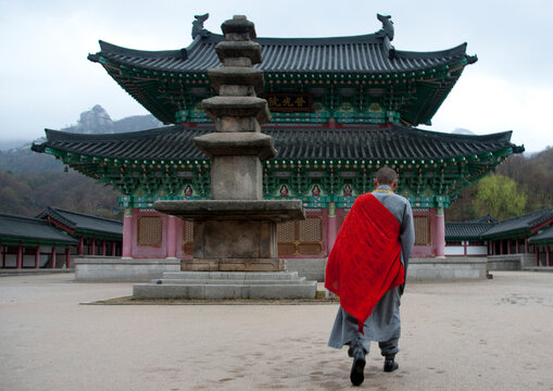 North Korean monk in front of Ryongthong temple founded by Korean chonthae sect of buddhism, Ogwansan, Ryongthong Valley, North Korea