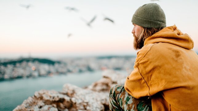 A bearded man in a cozy beanie gazes across a stunning landscape from a high vantage point, reflecting on life and nature's beauty during a serene sunset moment.