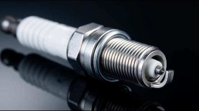 New spark plug close up for car engine repair or maintenance against a dark reflective background