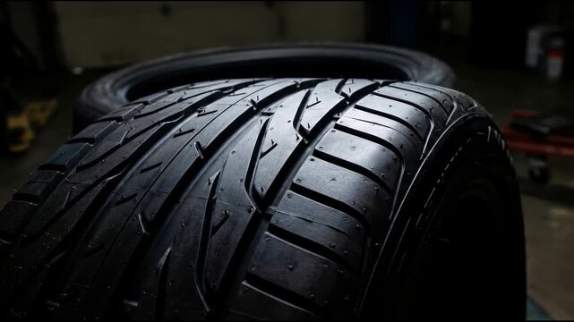 Close-up view of new tire tread pattern as it slowly rotates, showcasing its design and readiness for car service