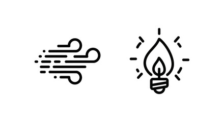 Fototapeta premium Icons of blurring wind streaks and a softly flickering light bulb with black and white with air flow with white background with flat design with outline icon