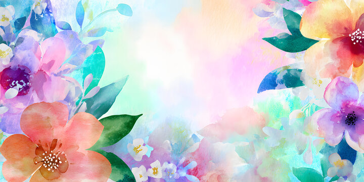 A mockup for a flowers banner with a colorful watercolor background and text space in May.