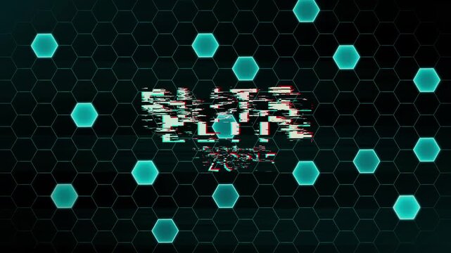 Glitchy Hexagon Grid Abstract Digital Network Data Flow Futuristic Technology Background with Glowing Teal Nodes and Corrupted Text Overlay
