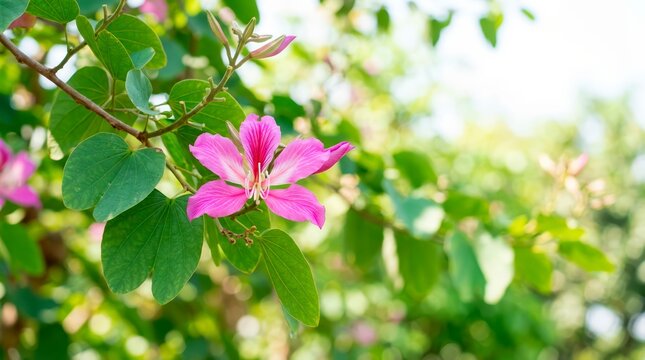 Pink bauhinia orchid tree flower in bloom. Close up of tropical floral branch with green leaves. Exotic botanical background
