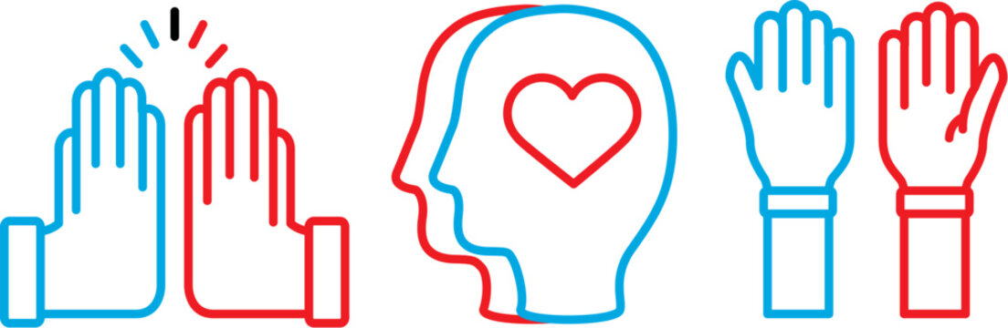Line icons of hands and head with heart symbol, representing love, care, and support in a simple, modern style.