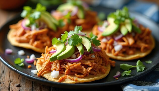 Close up of chicken tinga tostadas with avocado and red onion slices on black plate. Served with fresh cilantro on top. Delicious mexican food.