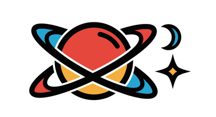 Colorful Cartoon Planet with Rings and Stars. © Gozel