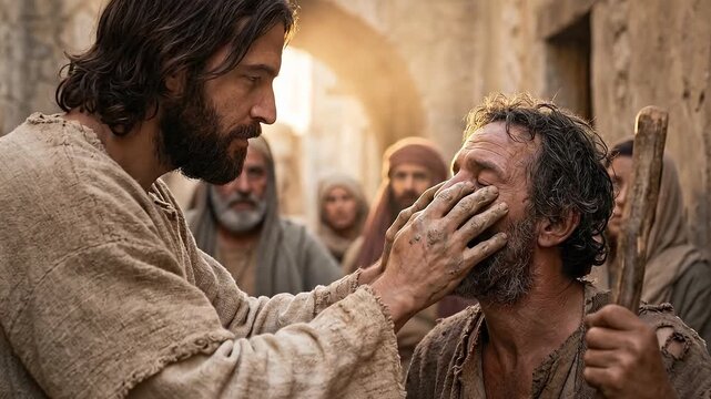 Jesus smears clay on the eyes of the blind man