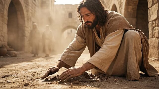Jesus makes clay with saliva on a dusty Jerusalem road