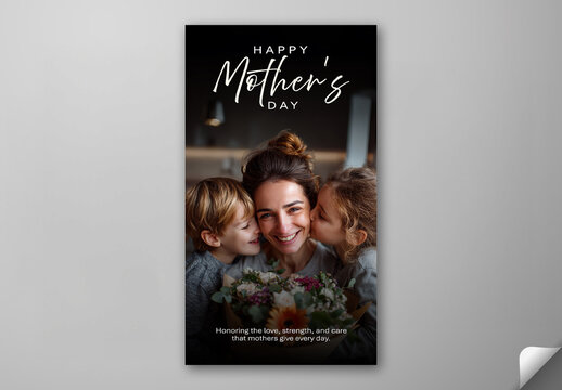 Editable Happy Mother&rsquo;s Day, Social Media Story Template with Little Boy and Girl Kissing, Flower Bouquet Gift to Mother Surprise.