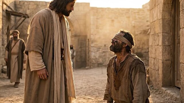 Jesus instructs the blind man to wash in the Pool of Siloam