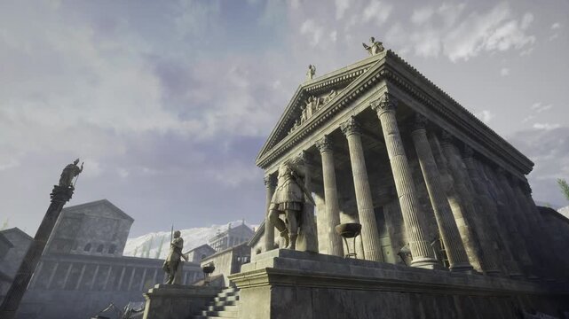 Ascending approach to Carthage temple, wide staircase flanked by statues and fluted columns, pediment detail, lamppost silhouette, soft sky, monumental scale