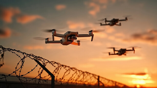 Hovering Uav Quadcopter, Spy Camera Drone, Restricted Danger Zone, Barbed Wire Boundary, Copy Space, Virtual Backdrop