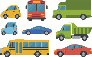 Collection of Colorful Cartoon Transport Vehicle Icons Including Sedan, Bus, Truck, and Sports Car Vector Illustration Set