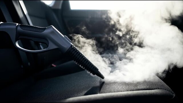 Steam cleaner for spotless car interior. Car seat deep cleaning with hot steam for hygiene and auto detailing.