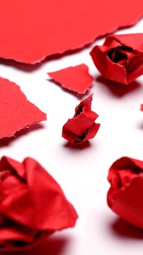 Crumpled red paper pieces background texture.