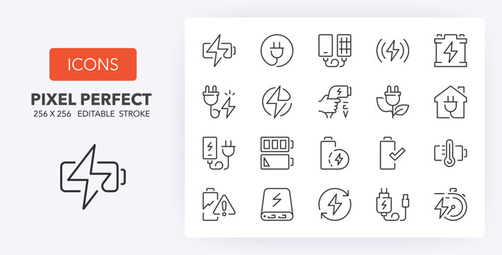 Line icons about battery charging. Contains such icons as charger, ev charger station, power bank and more. Editable vector stroke. 256 Pixel Perfect scalable to 128px...