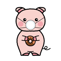 Fototapeta premium マスクをする豚がドーナツを持っているシンプルかわいいイラスト