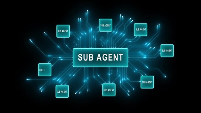 A I agents network digital intelligence connections artificial intelligence technology concept glowing blue circuits on black background..