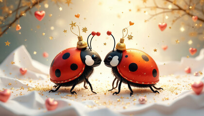 Fototapeta premium Two ladybug ornaments face each other. They have gold caps on heads and small hearts float around. Glittering stars and hearts complete the charming festive scene.