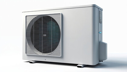 Fototapeta premium Modern heat pump unit on white background for climate control. This efficient system provides heating and cooling for homes, saving energy with renewable tech.