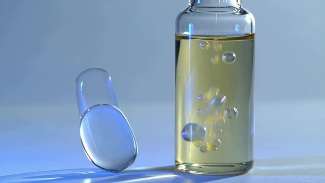 Pharmaceutical vial with bubbles: A close-up shot revealing a clear glass vial, filled with a transparent liquid and adorned with tiny bubbles. It also has a stopper beside it.