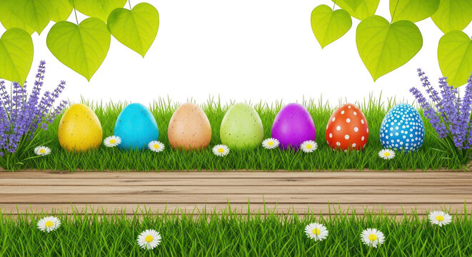 Colorful Easter eggs on grass with flowers and leaves on transparent background