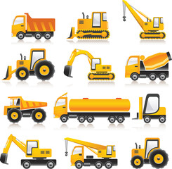 Collection of Yellow Construction Vehicles and Heavy Machinery Icons on White Background