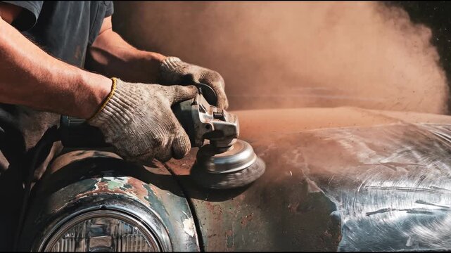 Man in gloves grinding old rusty vintage car during restoration, cleaning metal by electric machine and creating dust cloud