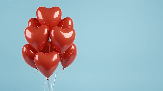 A vibrant cluster of shiny red heart shaped balloons floats against a soft pastel blue background perfect for celebrations.