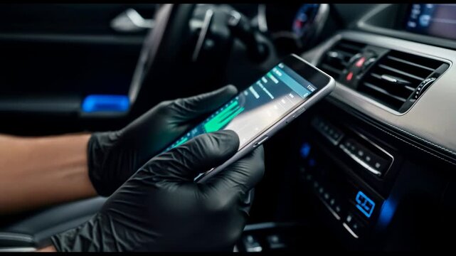 Master detailer wearing glove examining car system data on phone application for vehicle service and repair.