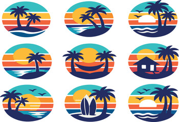 Fototapeta premium Vibrant tropical beach sunset circle icons set with palm trees, ocean waves, surfboards, and vacation cottages in flat design style
