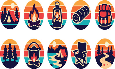 Set of 10 camping adventure icons with vibrant retro sunset gradient background for outdoor travel and survival themes © reja
