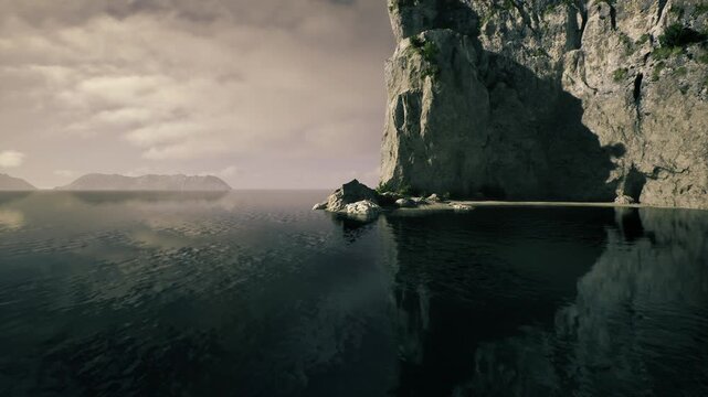 Moody cliffside at twilight reflective sea dark limestone wall towers over glassy waters with lone boulder and windswept shrub, distant cargo silhouette on low