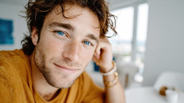 A handsome young man with vibrant blue eyes and freckles smiles warmly, capturing a moment of confidence and charm in a bright, inviting space.